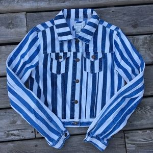 Blue and White Striped Denim Jacket Size L